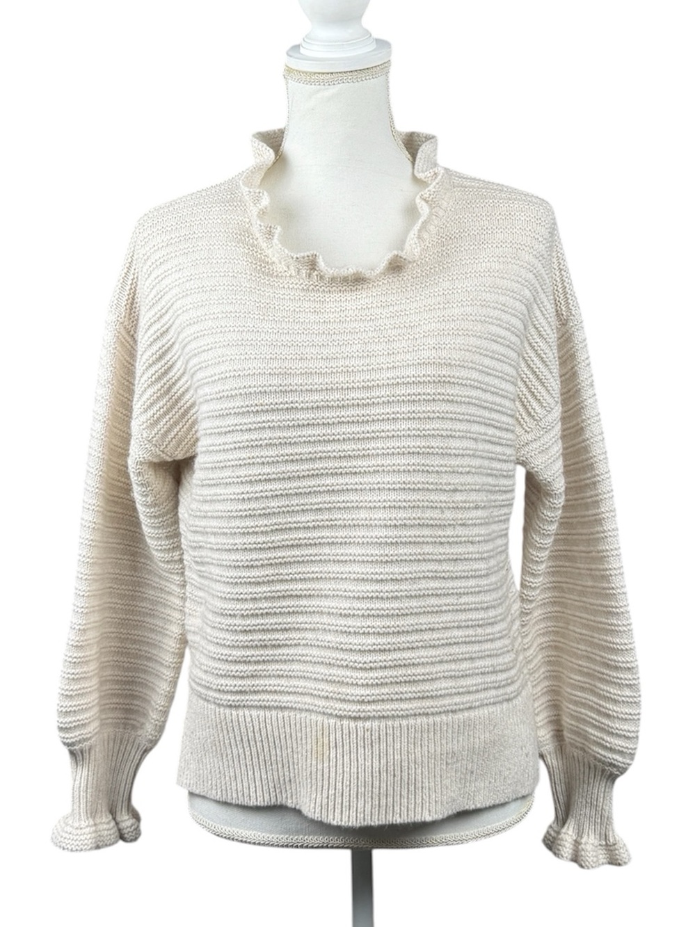 Madewell Ruffle-Neck Chunky Sweater Lightweight Cotton-Merino Wool Blend Cream